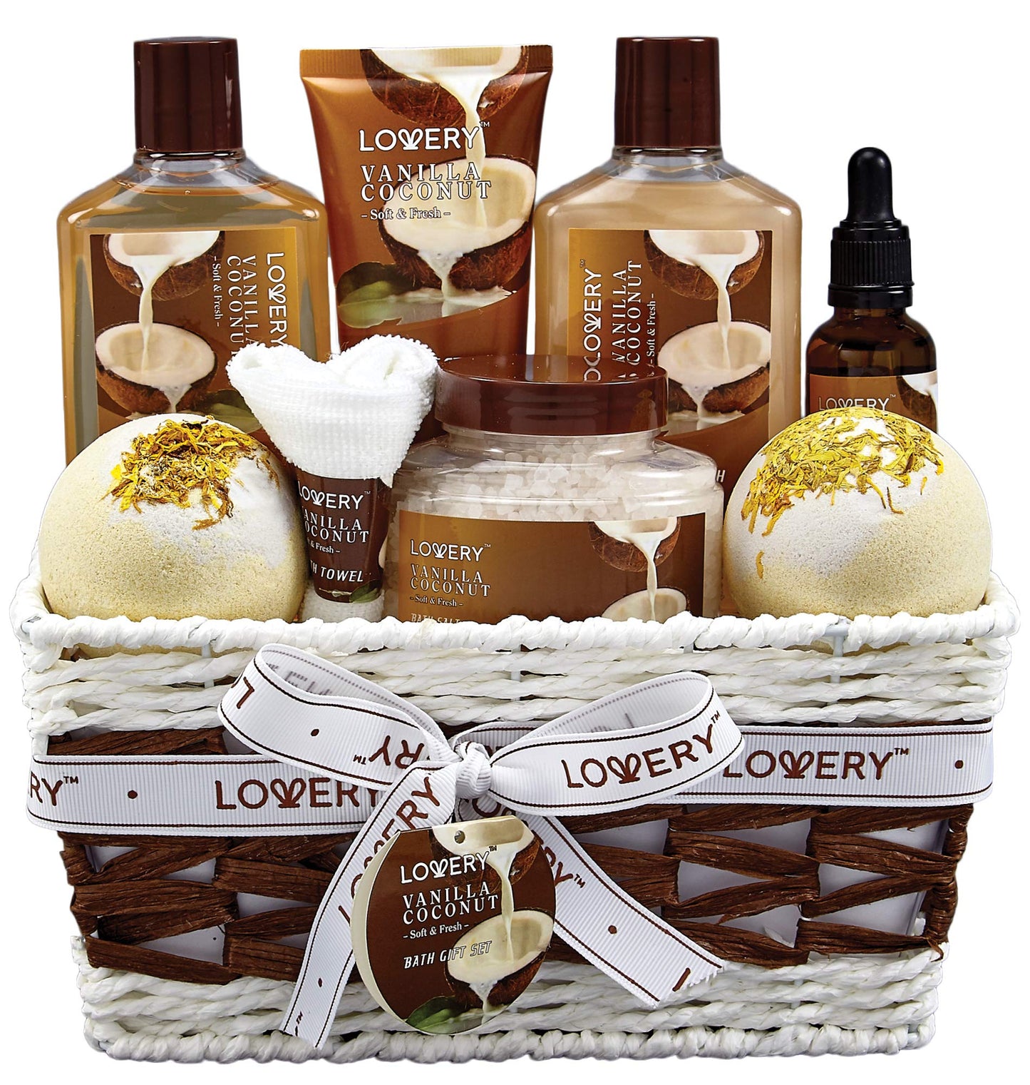 Gifts For Women Gift Basket for Womenβ 9 Piece Set of Vanilla Coconut Home Spa Set, Includes Fragrant Lotions, Extra Large Bath Bombs, Coconut Oil, Luxurious Bath Towel & More