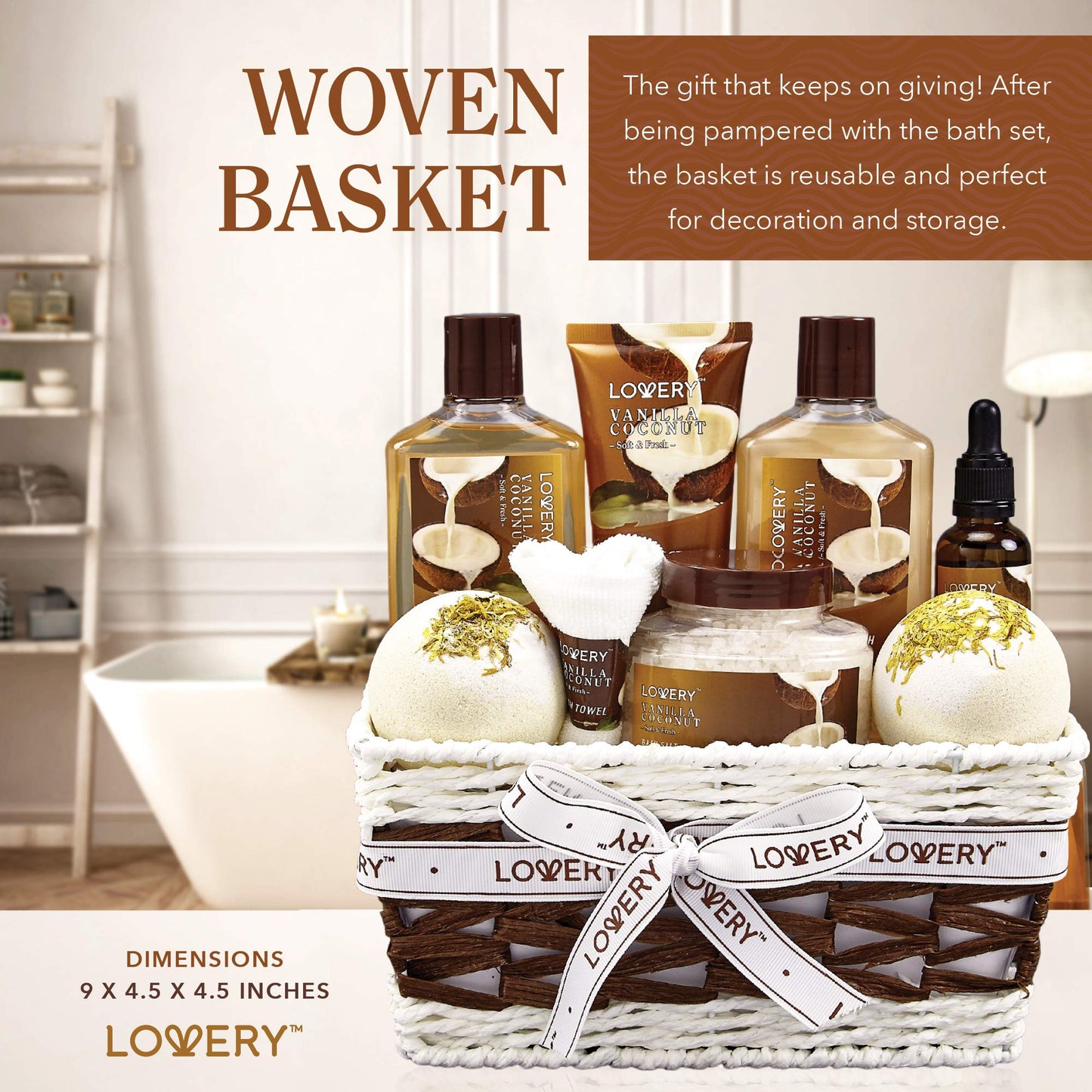 Gifts For Women Gift Basket for Womenβ 9 Piece Set of Vanilla Coconut Home Spa Set, Includes Fragrant Lotions, Extra Large Bath Bombs, Coconut Oil, Luxurious Bath Towel & More