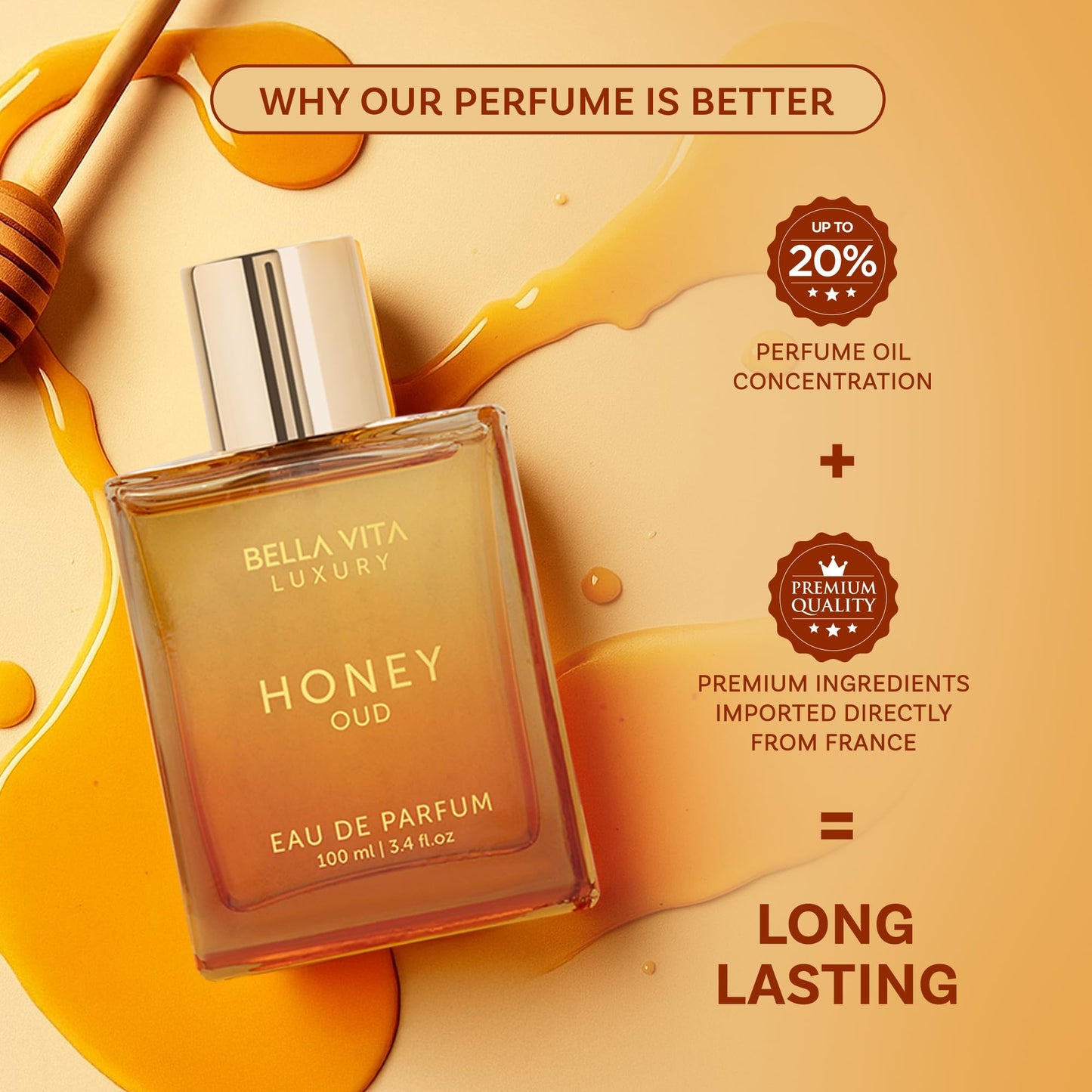 BellaVita Luxury Honey Oud Eau de Parfum (3.4 fl. oz.) | Patchouli, Vanilla, Bergamot, Floral & Spicy + Made with Clean & Vegan Essentials Oils + Cruelty Free | Long-Lasting Unisex Fragrance