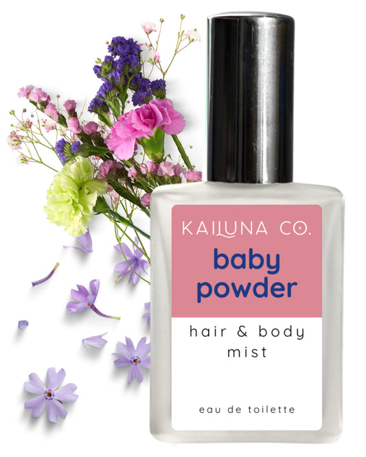 Kailuna Co. Baby Powder Natural Hair & Body Mist Spray, Pure Essential and Fragrance Oils, Alcohol-Free, Handmade in California, 0.5Fl Oz