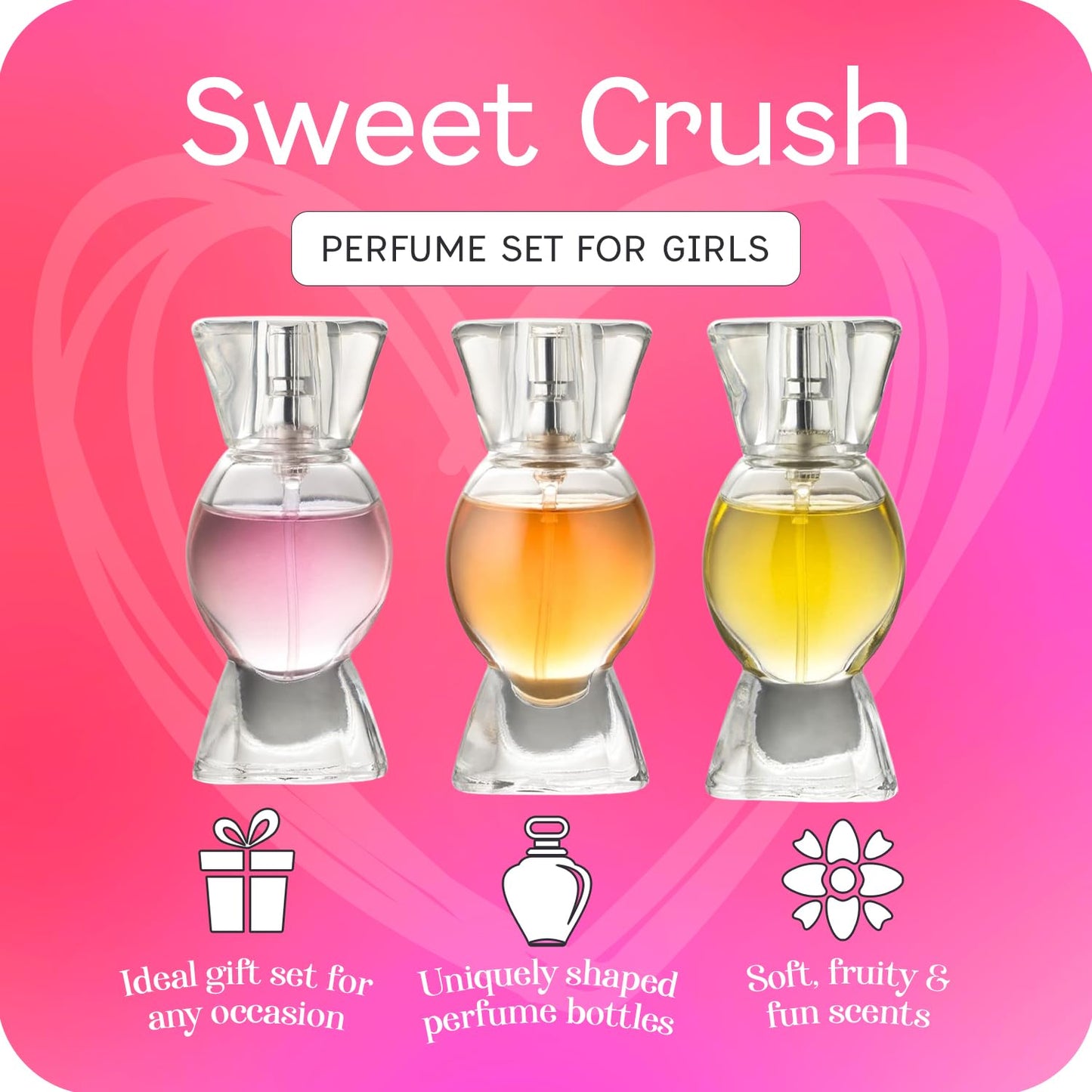 SCENTED THINGS Sweet Crush Perfume Set for Teen Girls, Body Spray Perfume for Kids, Girls 10-12 & Teens, Fashion Collection Girl Gift Set, 3 Candy-Shaped Perfumes
