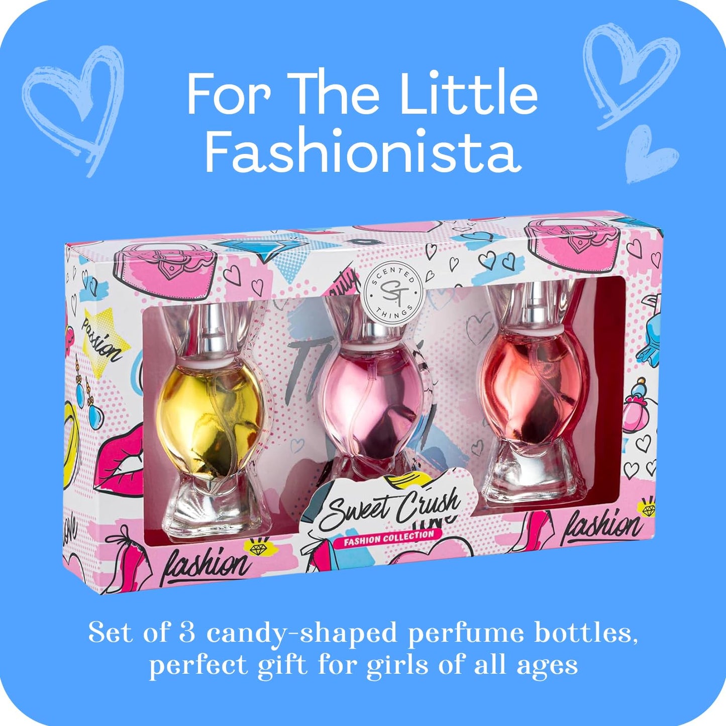 SCENTED THINGS Sweet Crush Perfume Set for Teen Girls, Body Spray Perfume for Kids, Girls 10-12 & Teens, Fashion Collection Girl Gift Set, 3 Candy-Shaped Perfumes