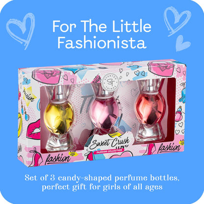 SCENTED THINGS Sweet Crush Perfume Set for Teen Girls, Body Spray Perfume for Kids, Girls 10-12 & Teens, Fashion Collection Girl Gift Set, 3 Candy-Shaped Perfumes