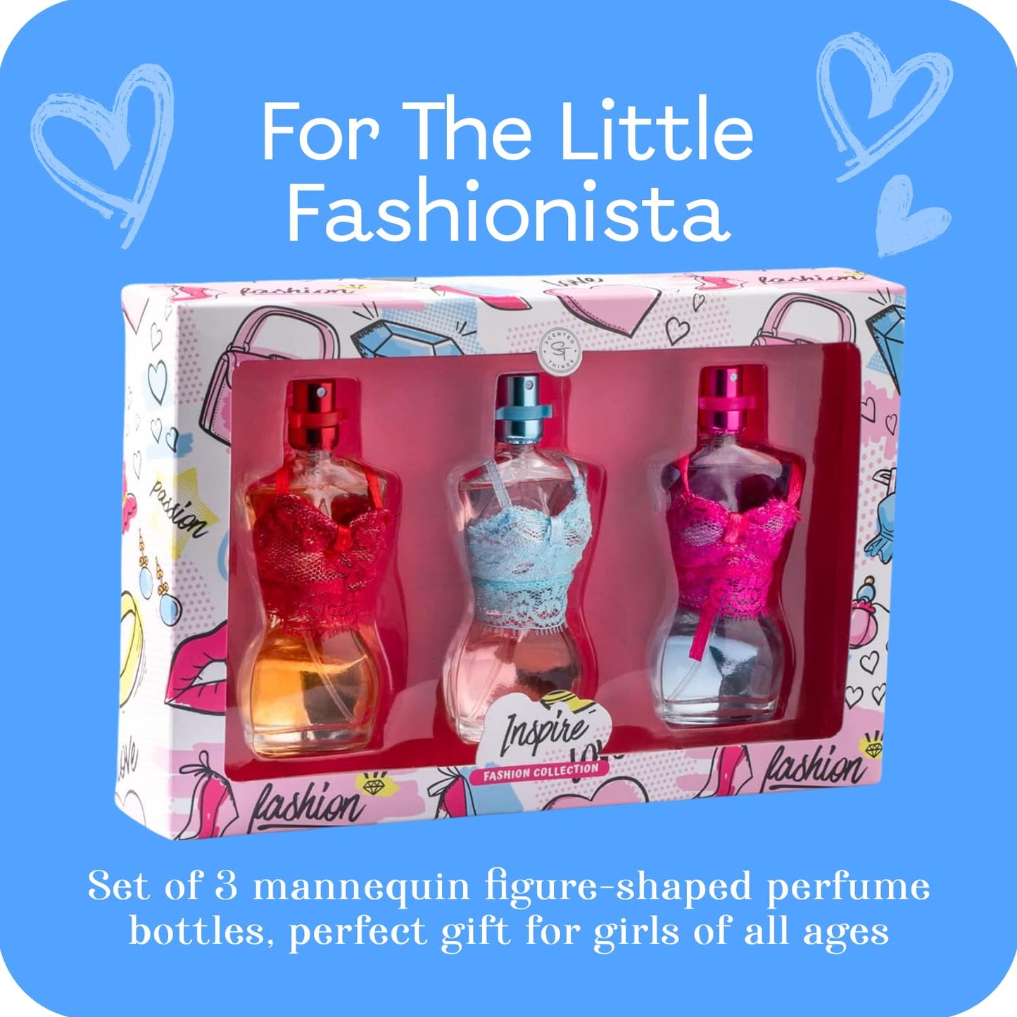 SCENTED THINGS Inspire Teen Perfume Gift Set, Perfume for Kids, Girls 10-12, & Teenage, Teens Body Spray Mist, Girl Fashion Collection 3 Mannequin-Shaped Perfumes Bottles