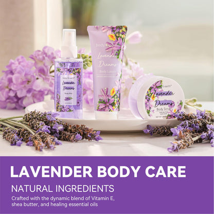 BODY & EARTH Body Mist Gift Set - Spa Gifts for Women, Perfume, Body Lotion, and Body Scrub in a Lavender Dreams Box- Perfect Birthday Gifts for Moms, and Special Occasions,Unique Gift Ideas for Her